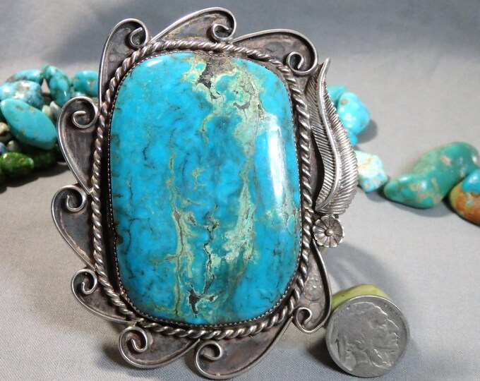 NAVAJO Paul Frank KINGMAN TURQUOISEE Slab Sterling Silver Squash Blossom Cuff Bracelet signed 6"-7"sz