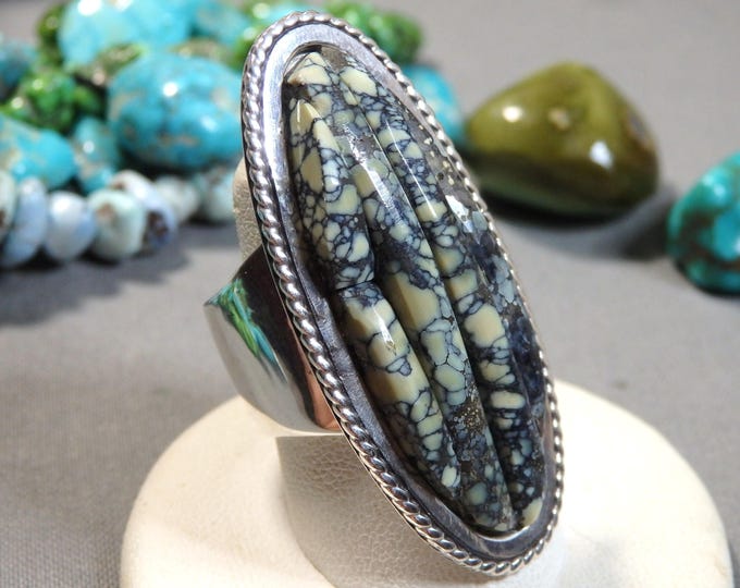 NATIVE American OTTAWA Carlos Eagle DAMELE Turquoise Sterling Silver Corn Row Inlay Ring sz7 signed