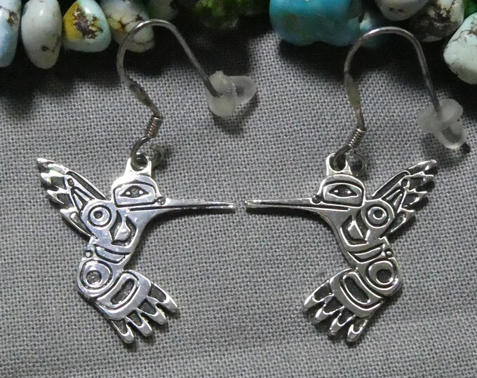 ALASKAN Native American Sterling Silver 1.5"Long 2 Sided HUMMINGBIRD Earrings