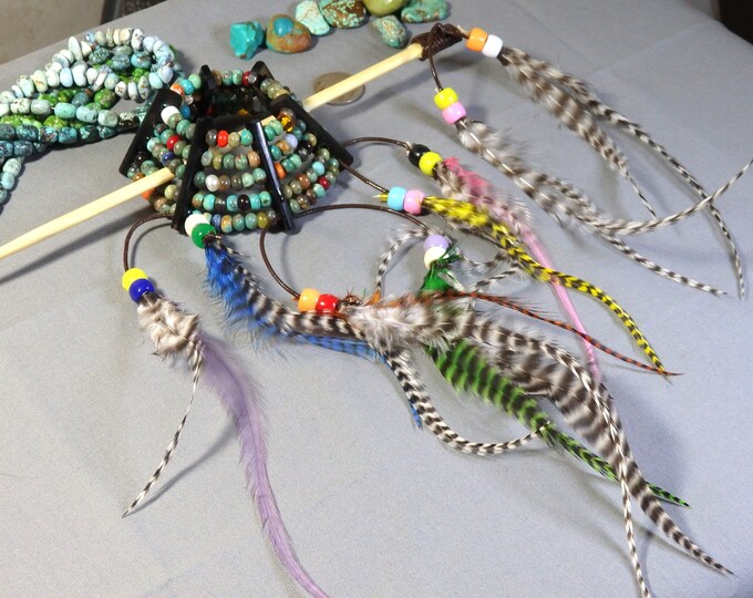 INDIAN CORN Bead Bun Hair Holder +9"Stick Royston Boulder TURQUOISE Leather Feathers