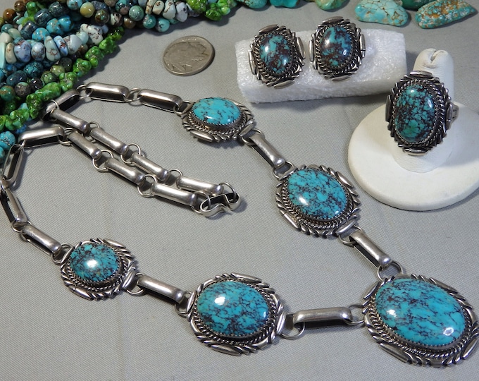 NAVAJO Billy Slim RED Matrix TURQUOISE Sterling Silver 24" Necklace Ring sz8.5 & Post Earrings Set Signed