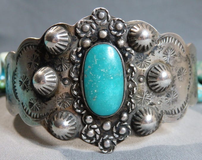 Fred Harvey Era NAVAJO Nevada Blue Gem TURQUOISE Repousse Coin Silver THUNDERBIRD Cuff Bracelet 6.25"-7"size