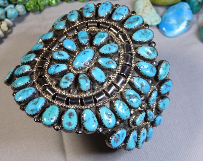 NAVAJO Yazzie Slim Jim Arizona TURQUOISE Cluster Sterling Silver 98g Cuff Bracelet 6.5"-7.5"sz signed