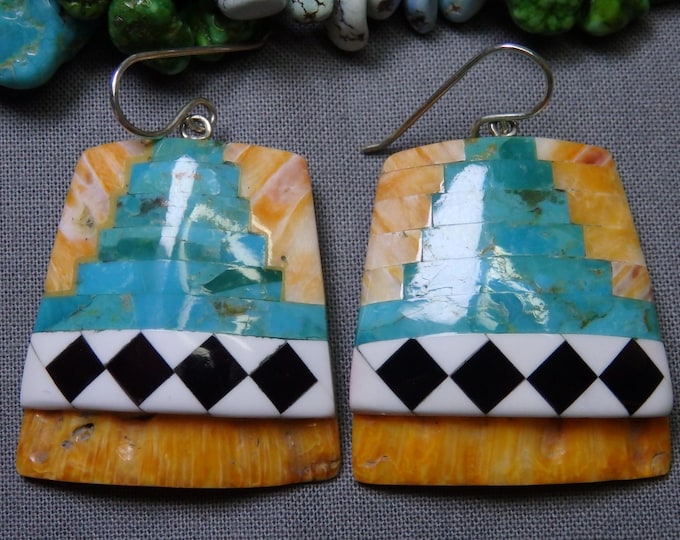 KEWA Reano KINGMAN TURQUOISE Spiny Oyster Sterling Silver 1.9" Earrings
