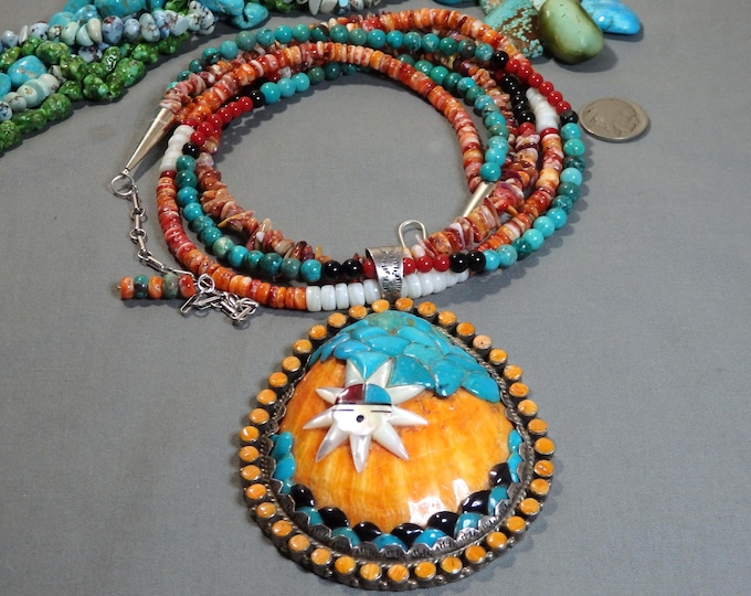 Giant 4.3" 189g Santo Domingo Multi-Gemstone Spiny Oyster TURQUOISE Sterling Silver SUN FACE Shell 24-28.5" Necklace