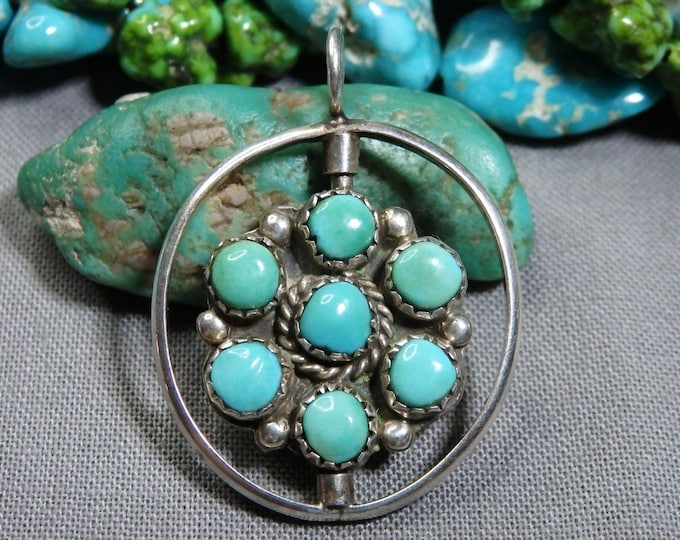 ZUNI Spiny Oyster Sleeping Beauty TURQUOISE Sterling Silver Reversible Spinner PENDANT