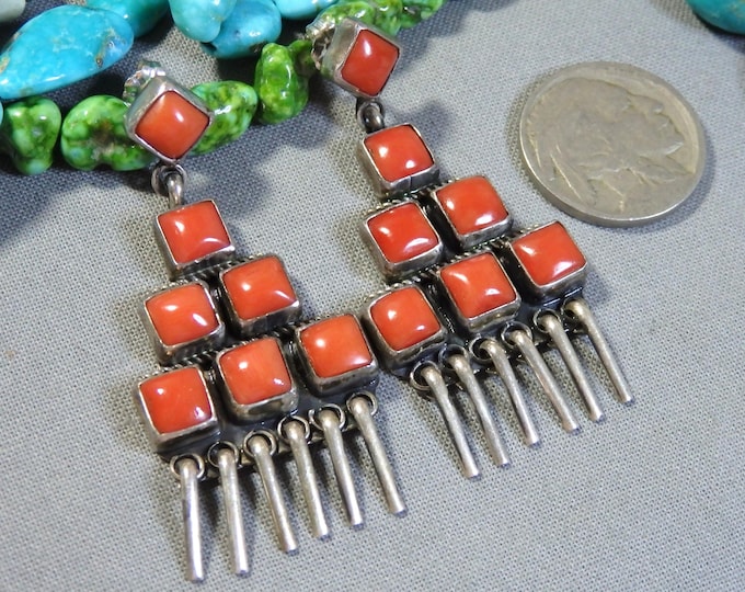 NAVAJO Arviso MEDITERRANEAN CORAL Sterling Silver Chandelier Post Earrings signed
