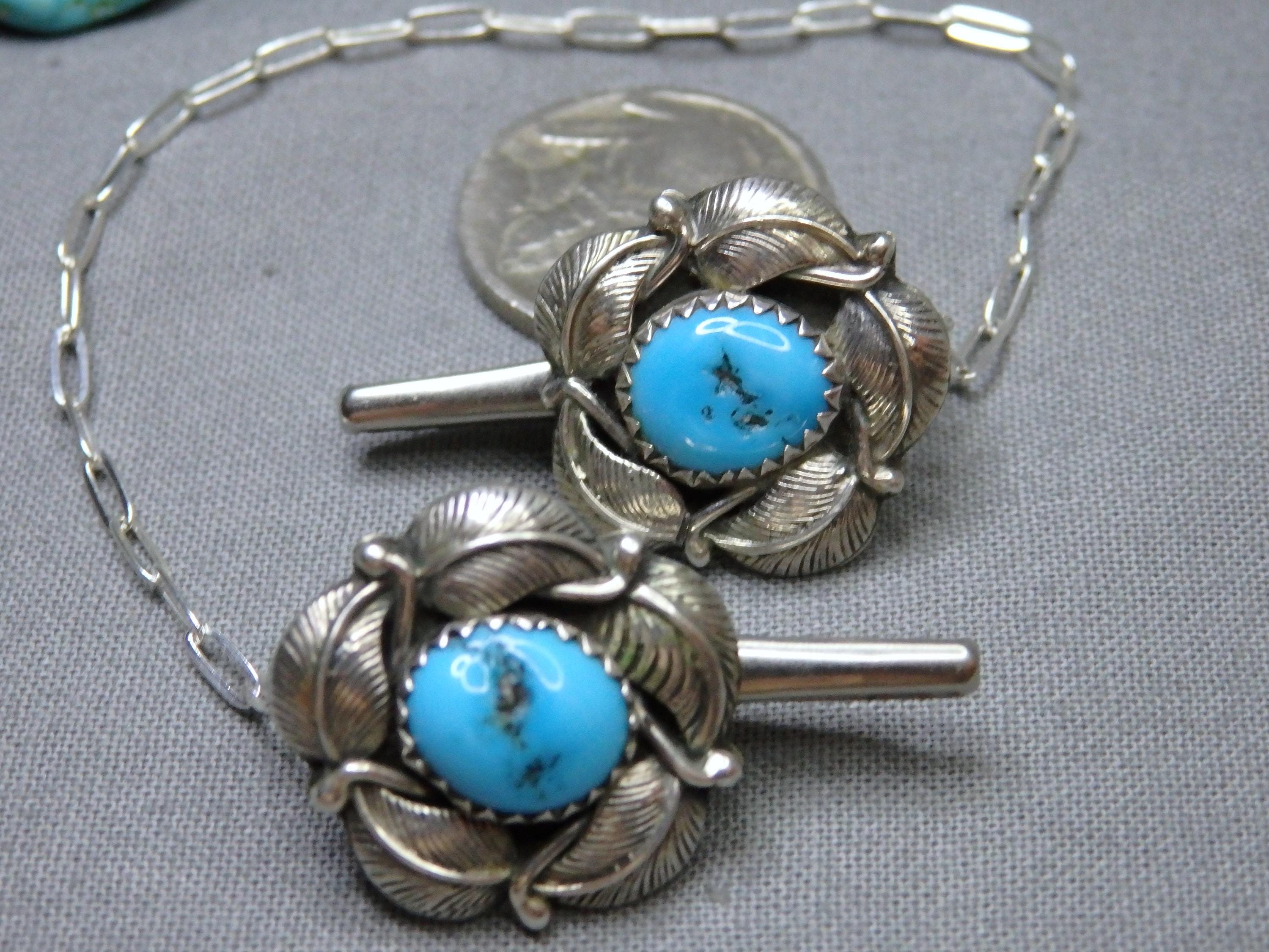Navajo Sleeping Beauty TURQUOISE Sterling Silver Leaf Design SWEATER ClIPS