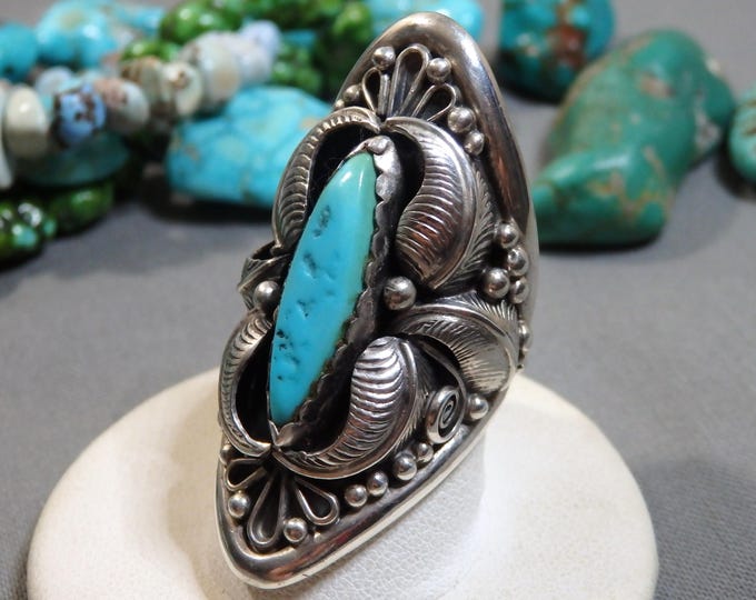 NAVAJO Ellen Murtle SLEEPING BEAUTY Turquoise Sterling Silver 1.75" Ring sz7 signed