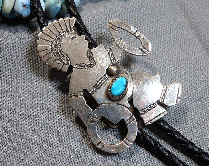 Vintage NAVAJO Jim Bitui Sleeping Beauty Turquoise Sterling Silver 2.25" EAGLE DANCER Bolo 38" Leather Cord Signed