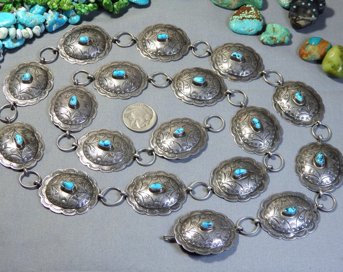 NAVAJO Tony Guerro Arizona TURQUOISE Stamped STERLING Silver 37.5" Concho Belt signed