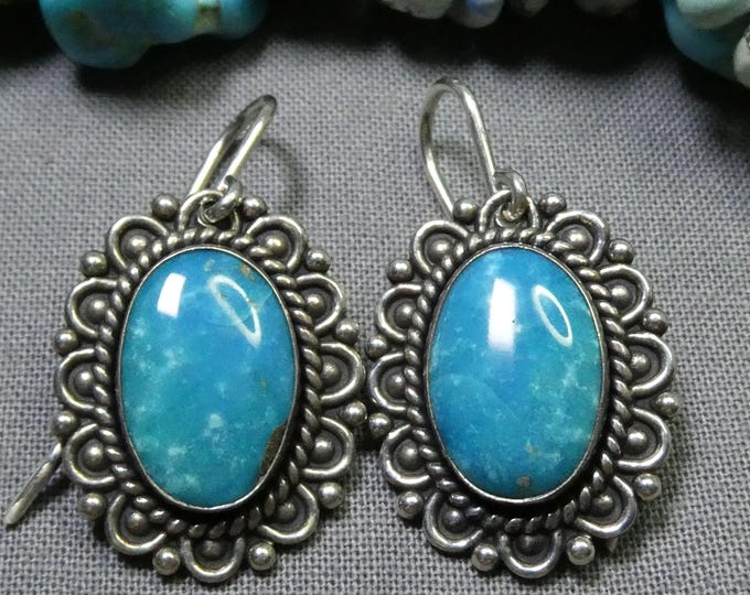 Fred Harvey Era NAVAJO Blue Gem TURQUOISE Sterling Silver 1.3" Long EARRINGS
