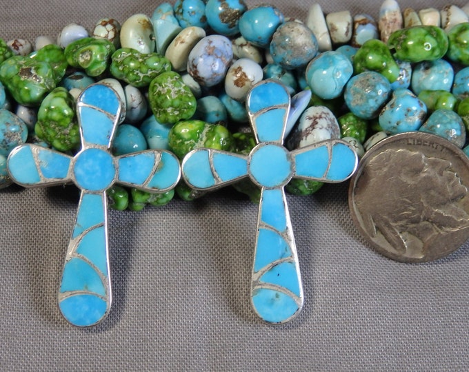 ZUNI Carmicheal Haloo SLEEPING BEAUTY Turquoise Fish Scale inlay Sterling Silver Cross Post Earrings signed