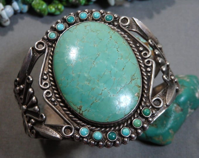 Fred Harvey Era NAVAJO Natural CROW SPRINGS Turquoise Sterling Silver 60g Cuff Bracelet 6"-7"sizes