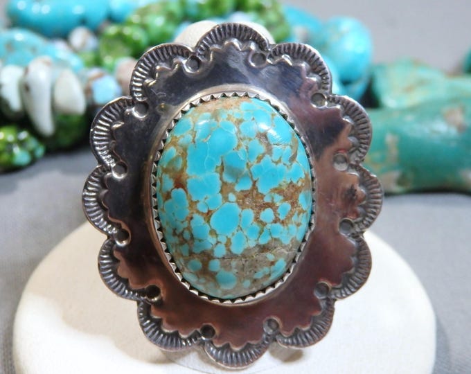 Native American #8 TURQUOISE Sterling Silver 1.5"wide Ring sz10 signed