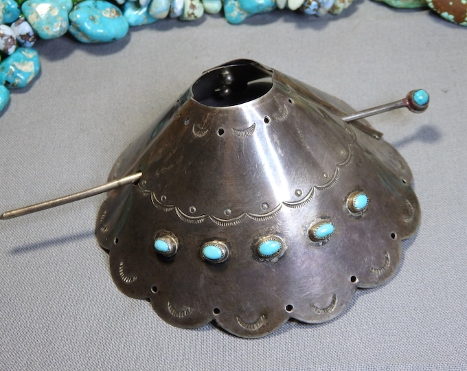 1940s NAVAJO Arizona TURQUOISE Sterling Silver3.5" PonyTail Holder & 4.75" Stick