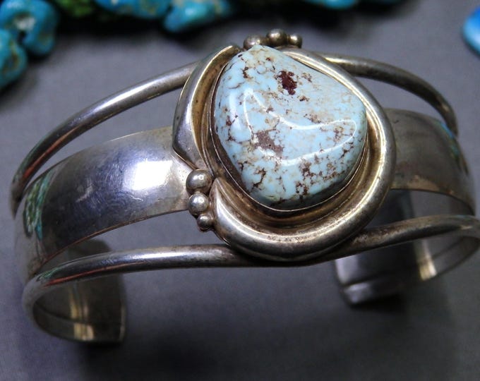 NAVAJO Ernest Pino DRY CREEK Sacred Buffalo Turquoise Sterling Silver 53g Cuff Bracelet signed 6.25"-7.5"size