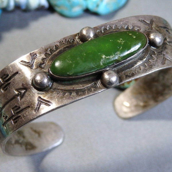 Fred Harvey Era NAVAJO Natural Cerrillos TURQUOISE Sterling Silver CACTUS Cuff Bracelet 6.75"-7.5"size