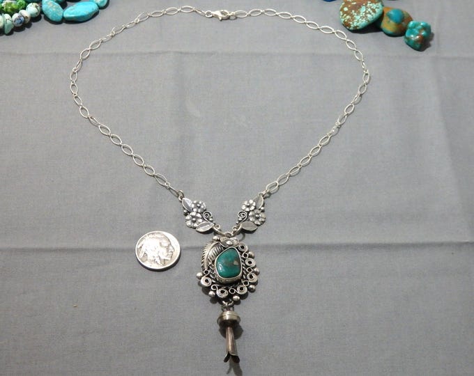 NAVAJO Sterling Silver PERSIAN TURQUOISE Squash Blossom Lariat 19" Necklace