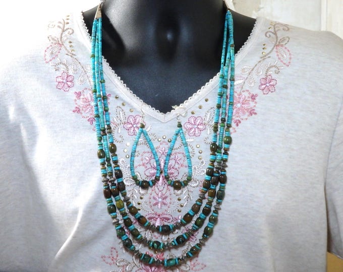 NAVAJO Pearls Cloud Mountain TURQUOISE Sterling Silver 25"-29"" Necklace & 3.5" Jacla Earrings set