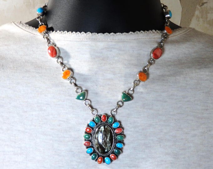 NAVAJO Bobby Johnson TURQUOISE Anthophyllite Spiny Oyster Sterling SILVER 18" Necklace SIgned