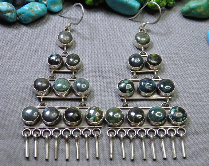Native American SKY HORSE TURQUOISE Sterling Silver 3.5"Long Chandelier Earrings