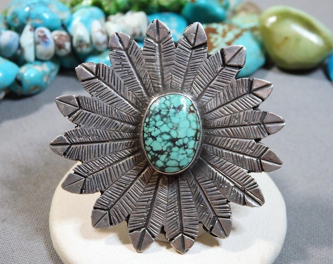 2"wide 22g NAVAJO Curtis John Webbed TURQUOISE Sterling Silver Eagle Feathers Ring sz9.5