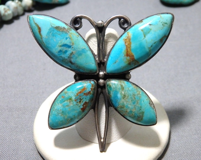 Navajo White Horse KINGMAN Mohave' TURQUOISE Sterling Silver 28g 2" BUTTERFLY Ring adjustable