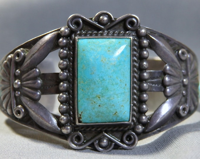 Fred Harvey Era NAVAJO Natural Blue Gem TURQUOISEE Coin Silver 47gm Cuff Braceelet 6.25"-7.25"size