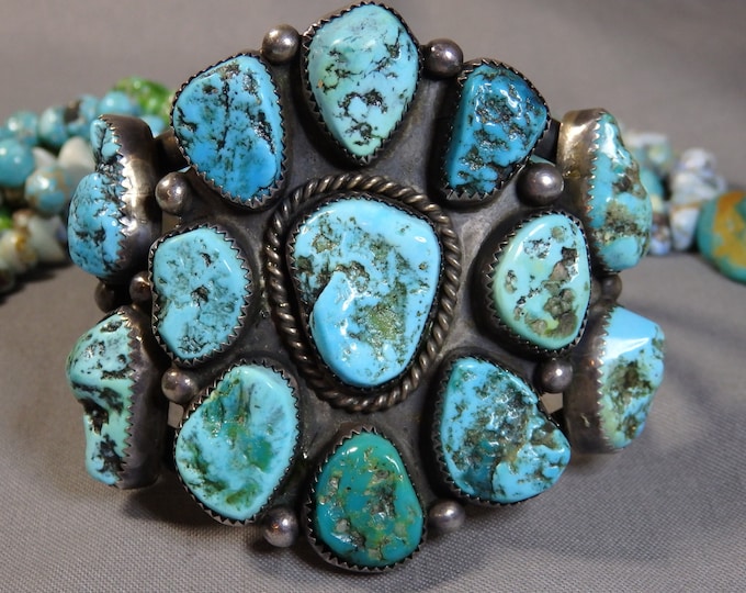 86g NAVAJO Burnsides Arizona TURQUOISE Cluster STERLING Silver Cuff Bracelet signed 6.25" to 7.25"sz