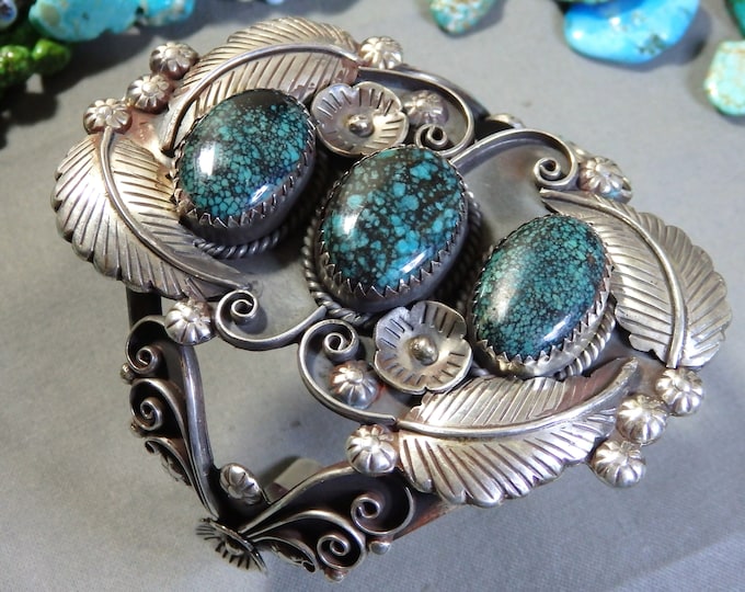 118g NAVAJO Pawn SKY HORSE Turquoise Sterling Silver Squash Blossom Cuff Bracelet 6.75"-7.75"sz