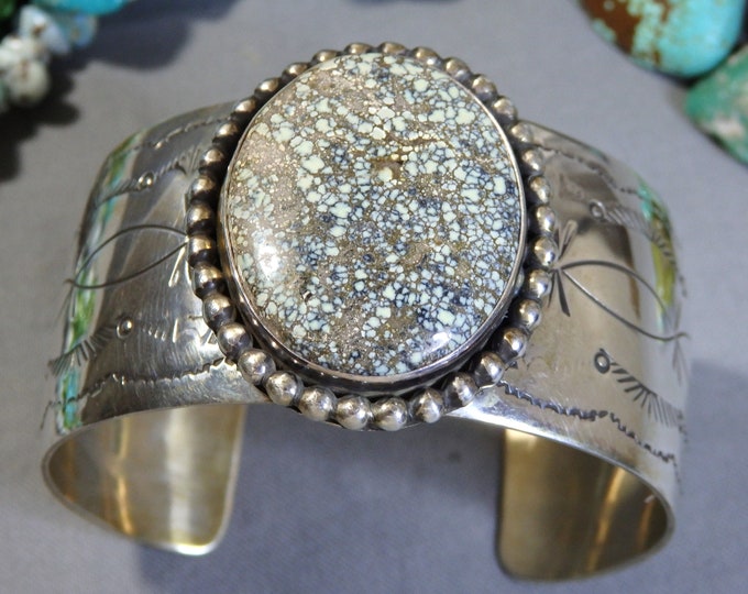 70g NAVAJO Raquel & Leo Hurley NEW LANDER Turquoise Sterling Silver Cuff Bracelet 6.5"-7.75"size signed