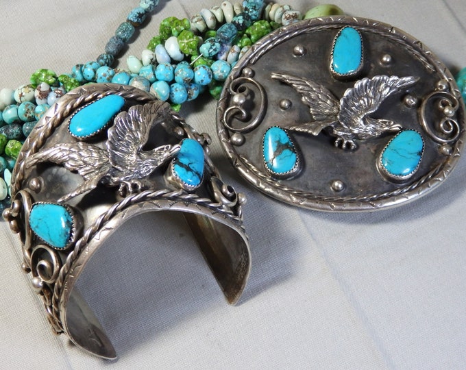 1970s NAVAJO Fred Smith TURQUOISE Solid Sterling Silver EAGLE Totem Buckle and Bracelet sz6.5"-7.5"sz