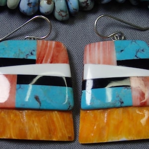 KEWA Pueblo Reano KINGMAN TURQUOISE Spiny Oyster Inlay 1&7/8" Earrings
