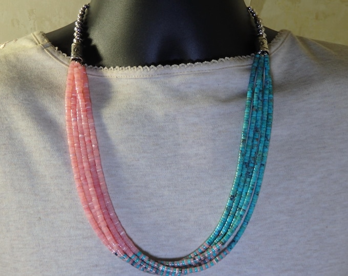NAVAJO PEARLS Pink Mussel Shell Kingman TURQUOISE Sterling Silver 22-26" Necklace
