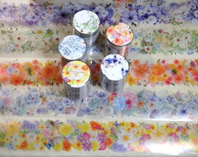 5 rolls Lot PET WASHI TAPE Clear Waterproof 2"x78"each Flowers Bloom Multi-Craft Scrapbook ++