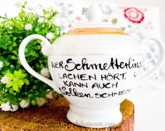 Zuckerdose, Vintage Hochzeit, Wer Schmetterlinge lachen hört kann Wolken schmecken, Zuckerdose Geschenk, Einweihungsgeschenk,