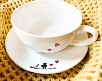 Spatzenliebe, Geschirrset ( Teller & Tasse) Set, Kaffeetasse, Teller, Tasse, Herz,