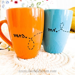 Pärchen-Tassenset Mr. & Mrs. – Mit Bart & Kussmund-Motiv, Herzhenkel, 2er Set, Perfekt Als Geschenk Für Paare