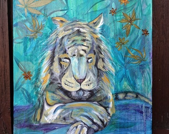 Tiger Painting, Marijuana Decor, Original Art, Canvas Artwork, Oil Painting, Animal Wall Art, 16" x 20"