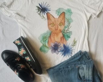 Graphic Tee, Cat Shirt, Short Sleeve TShirt, White Shirt, Cat Art, Cat Mom Gift, Watercolor Art, Cat Lover Gift, Gift for her, Womens Shirt