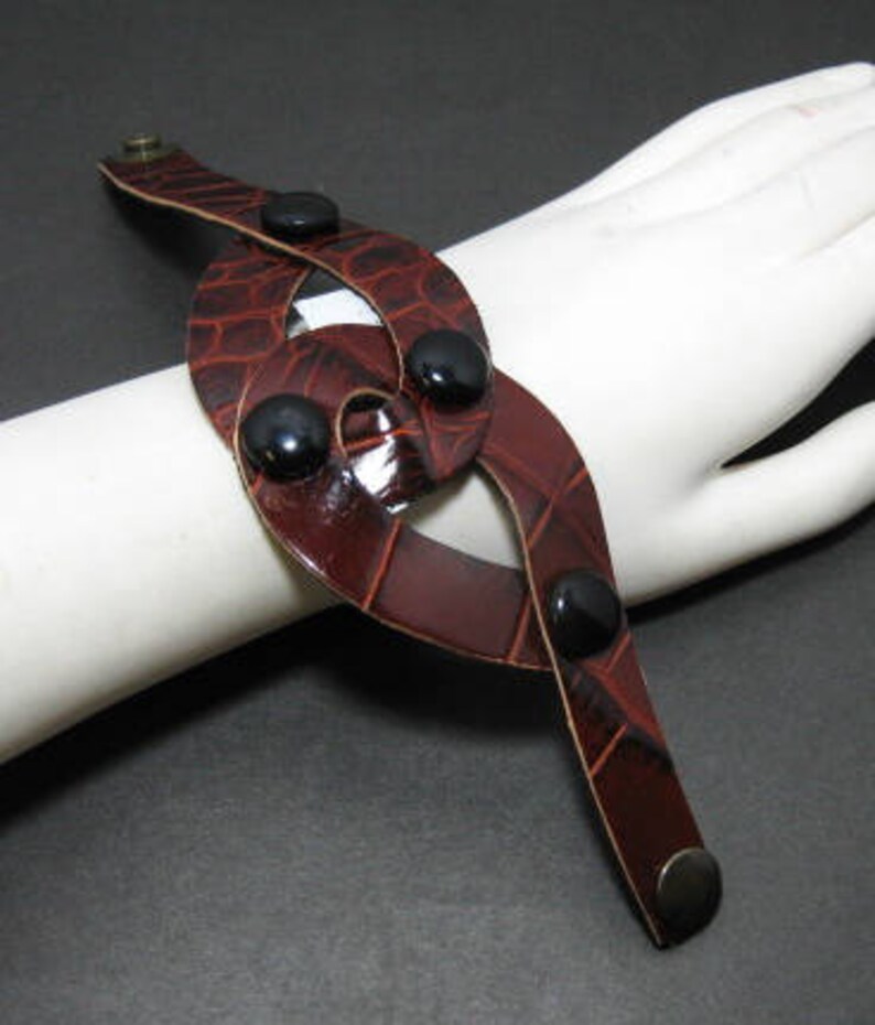 in Brown Croc Print Genuine Leather Loop Wrist Band with Snap Closure and Black Covered Buttons