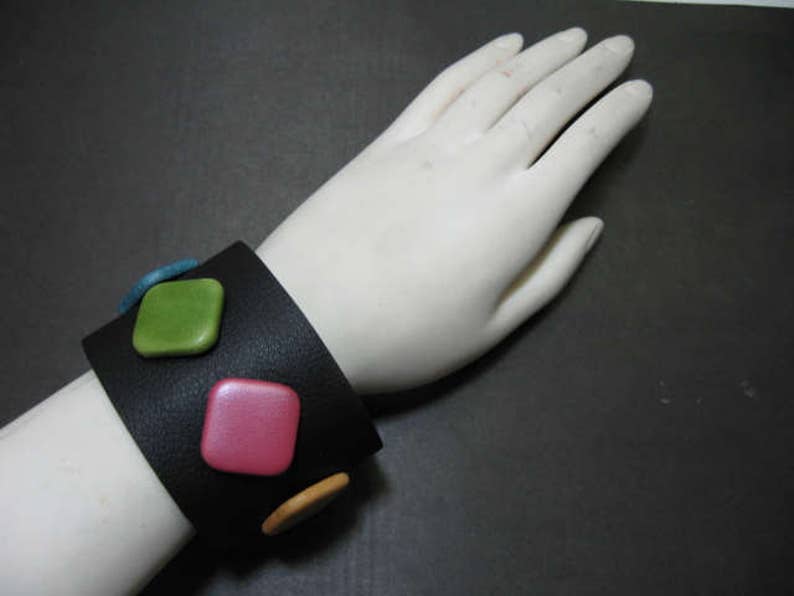 Unique Leather Wristband with Funky Square-shaped Leather Covered Buttons statement piece; bracelet; cuff bracelet; leather jewelry