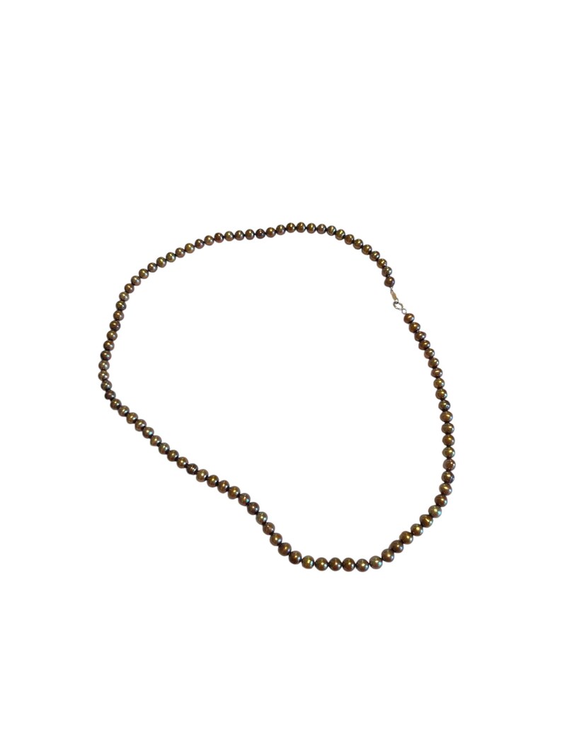May include: A long necklace composed of small, dark brown beads. The beads are strung together, forming a continuous loop. The necklace is displayed against a white background, highlighting the jewelry's design and color.