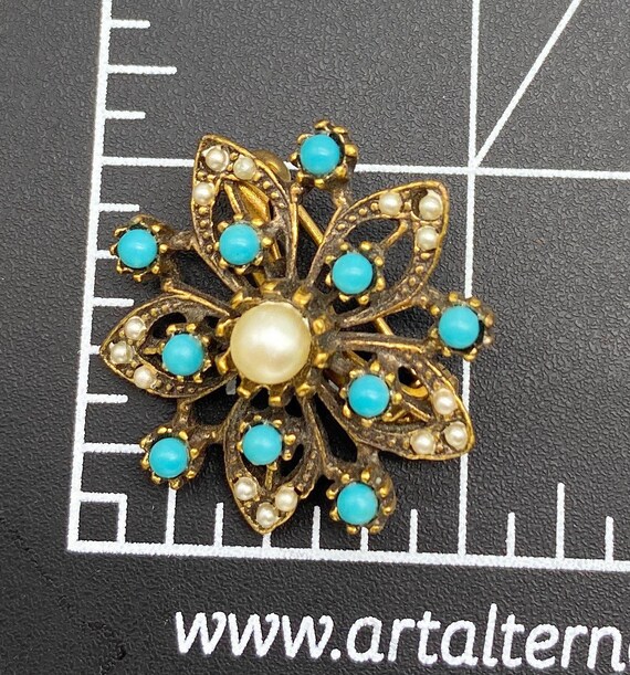 P15.  Vintage Faux Pearl and Turquoise Starburst … - image 2