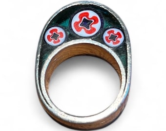 Vintage Italian Sterling Silver Millefiori Ring: Modernist Red Starburst, Size 5