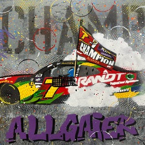 May include: A colorful abstract painting of a race car with the number 7 on the side. The car is surrounded by a white cloud of smoke and the words "2021 CHAMP ALLGAIER" are visible in the background. The painting is done in a graffiti style with bold colors and lines.