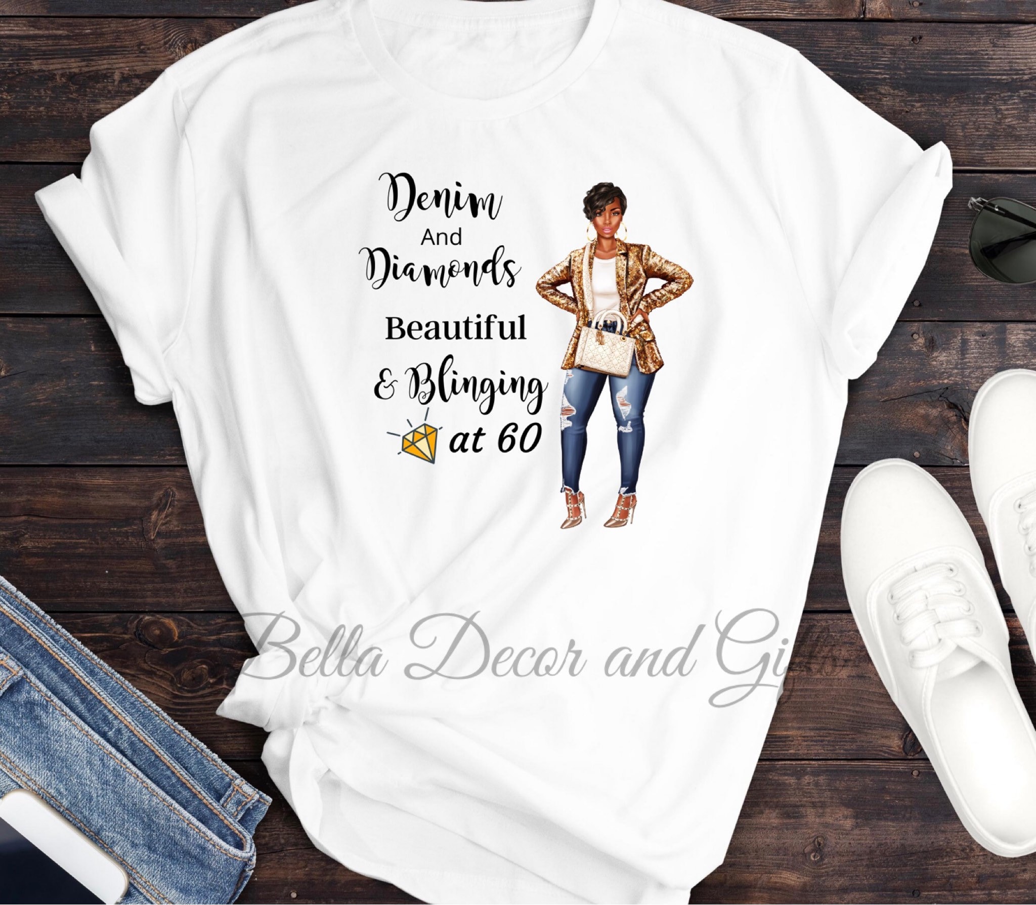 Custom Denim and Diamonds Birthday Shirt personalized with your age and first name on the back or no age and no name.