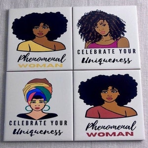 Phenomenal Woman Assorted Custom Sublimation Coaster Set, Black Women, Big Hair, Natural Hair