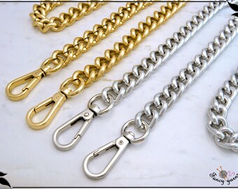 Bag chain, thick curb link with luxury carabiners, gold / silver color, 14 mm wide, available in 11 sizes